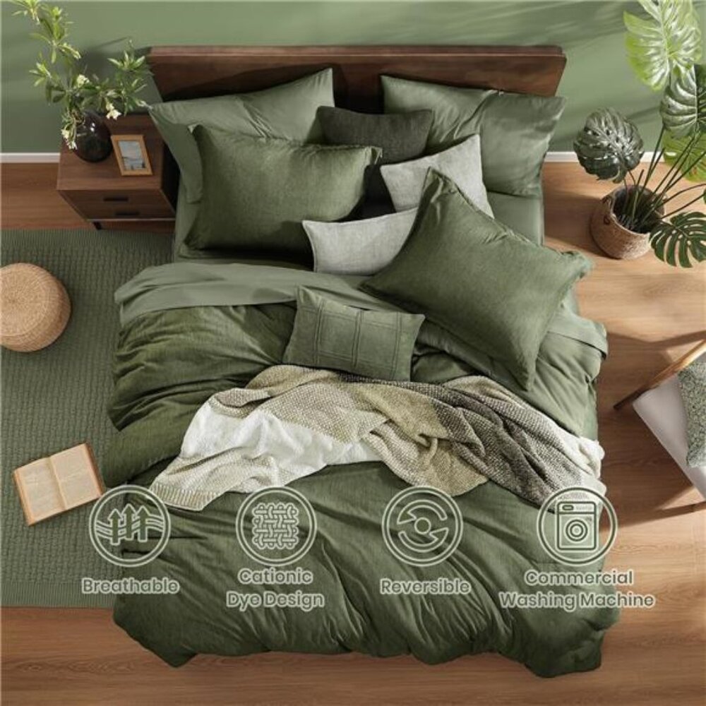 Queen Comforter Set - 7 Pieces Cationic Dyeing Olive Green Bed in a Bag Bedding - Picture 2 of 7